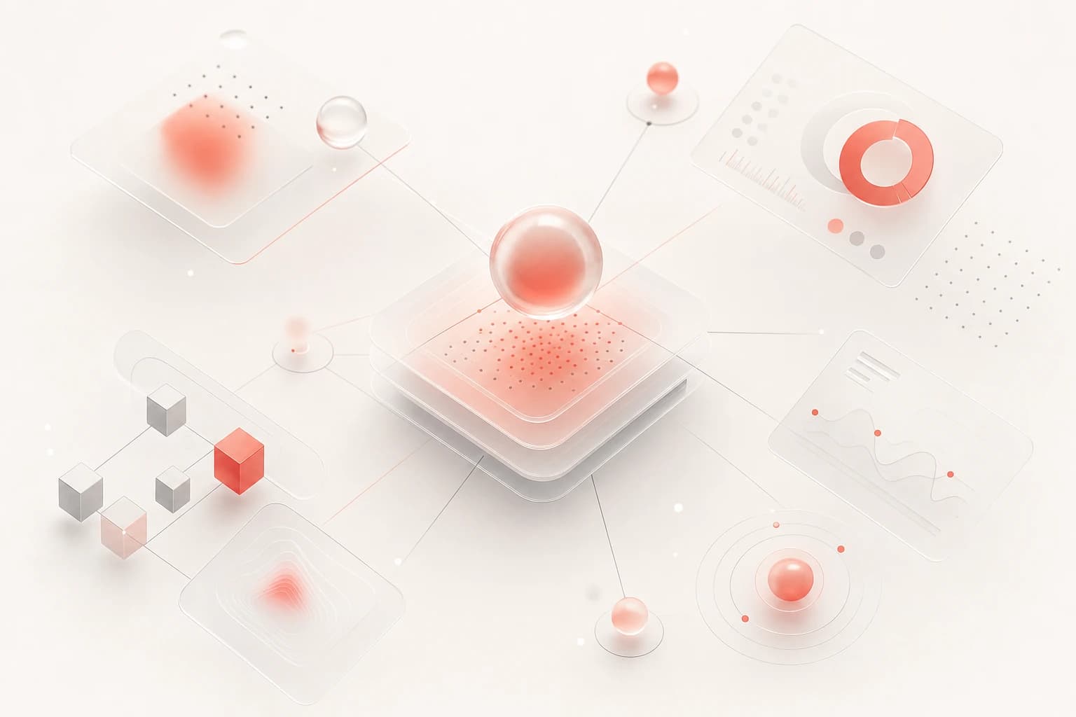 Abstract AI data fabric concept with connected glass shapes and red accents on a warm off-white background