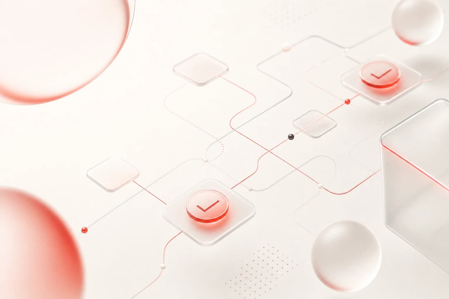 Abstract workflow automation concept with soft geometric glass shapes and red accents on a warm off-white background