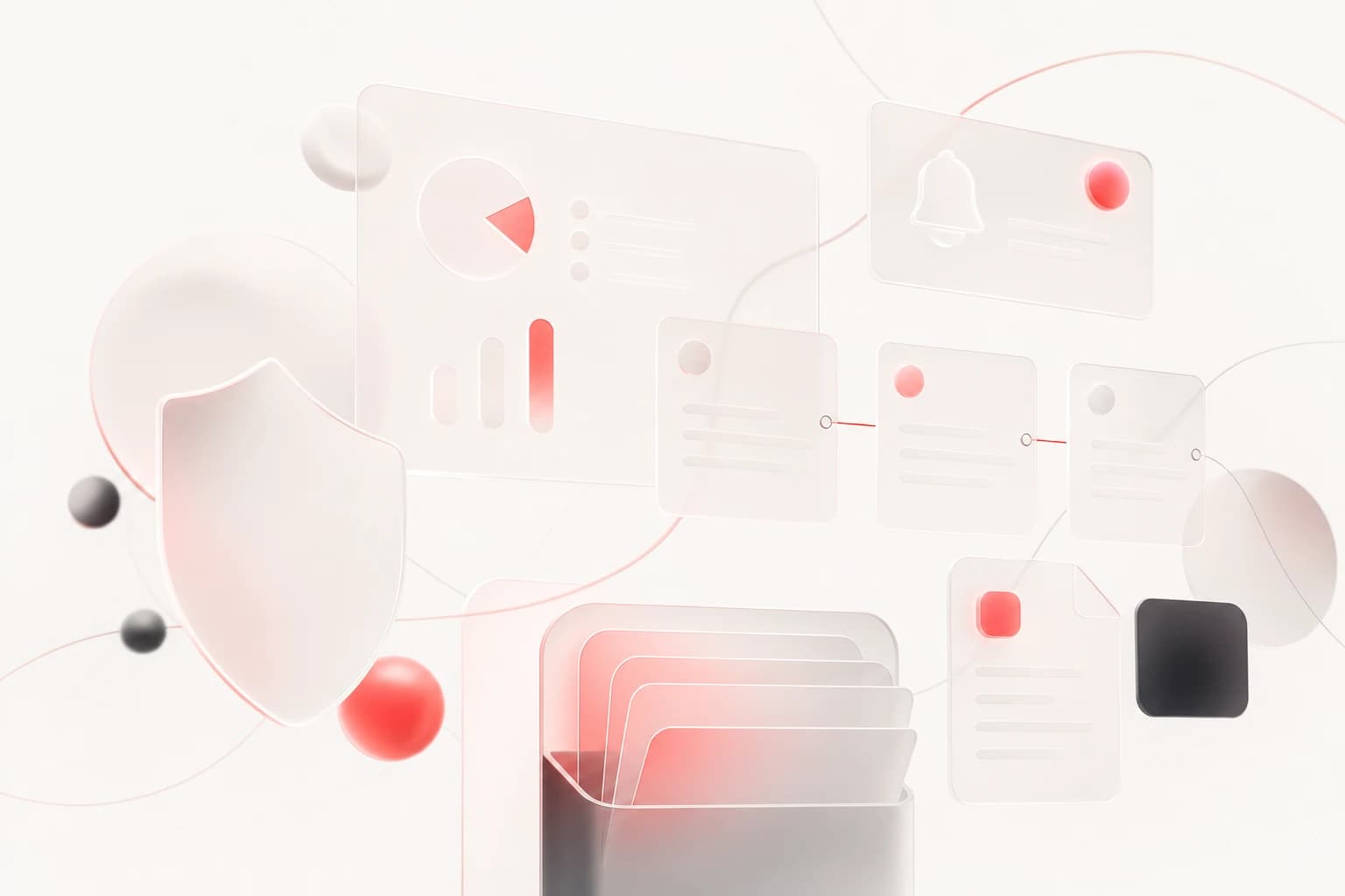 Abstract customer portal interface concept with warm off-white background, red accents, and soft glass geometric shapes