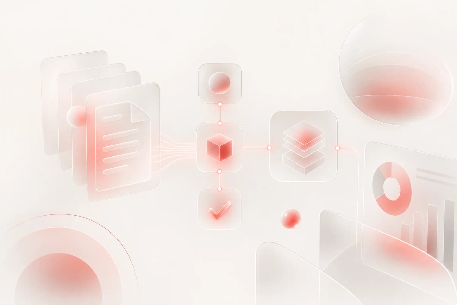 Abstract invoice automation workflow with red accents and glass geometric shapes