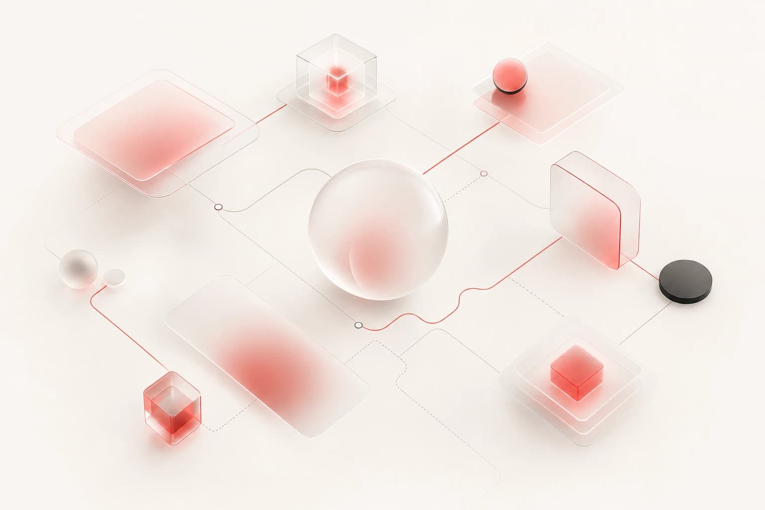 Abstract system integration audit concept with connected geometric glass shapes and red accents