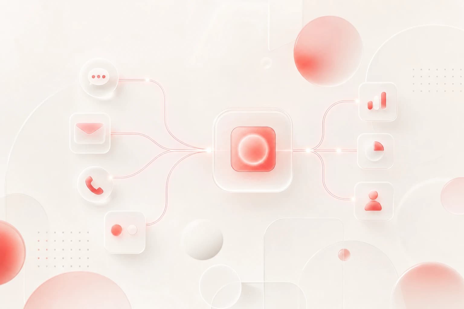 Abstract AI automation concept with warm off-white background, red accents, and soft geometric glass shapes