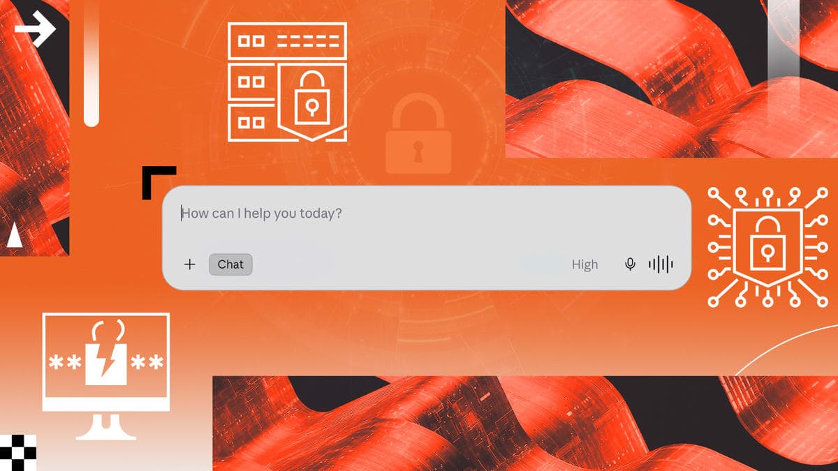 Abstract AI security concept with red accents and glass geometric shapes on a warm off-white background