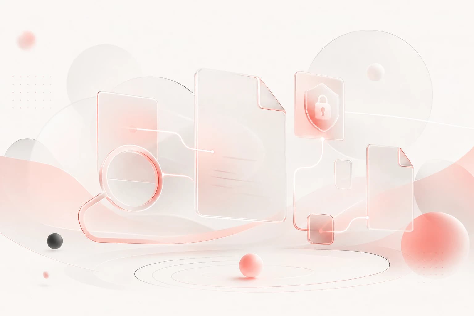 Abstract knowledge base portal concept with red accents and soft glass shapes