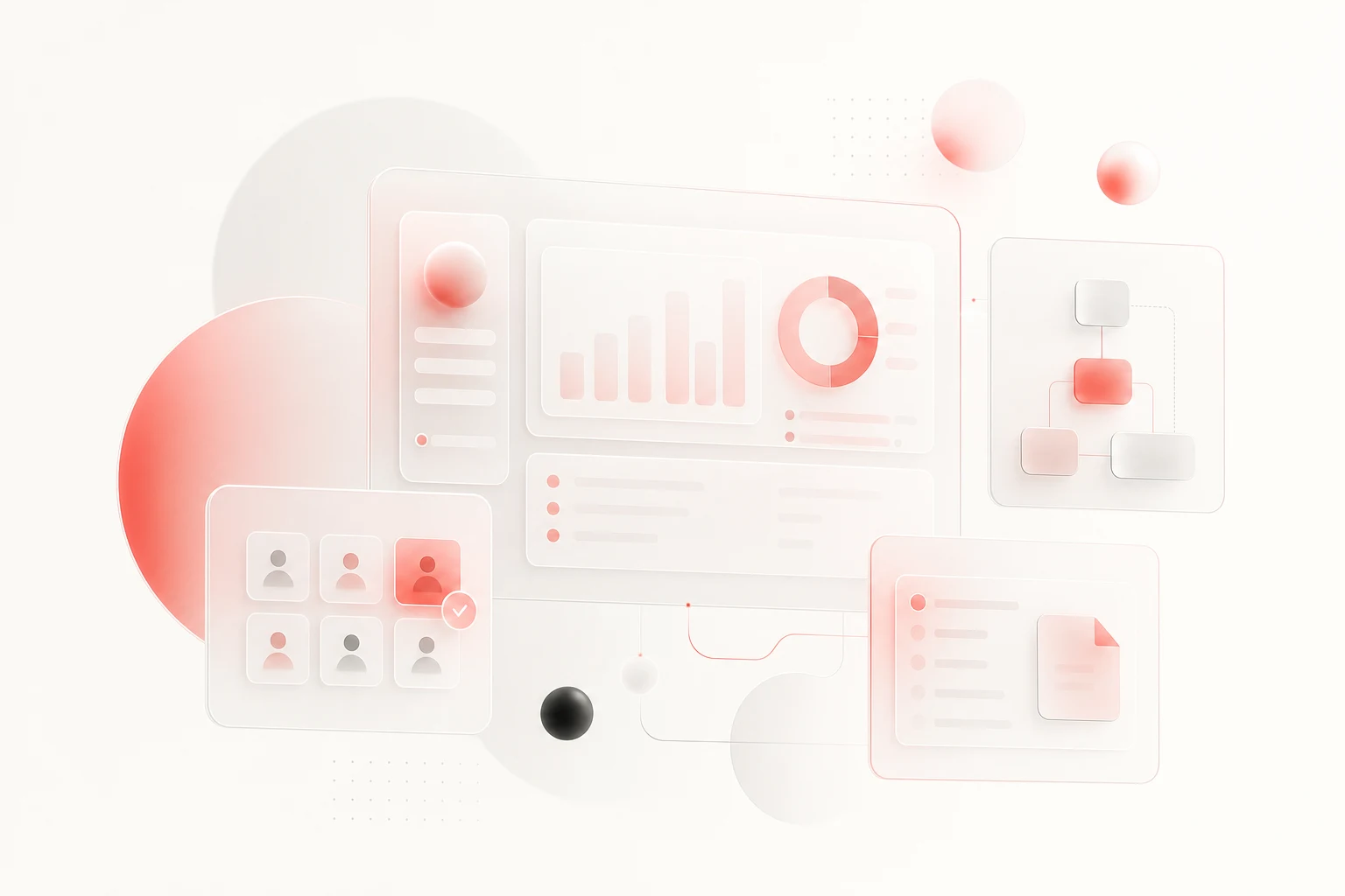 Abstract admin panel planning concept with warm off-white background, red accents, and soft glass geometric interface shapes