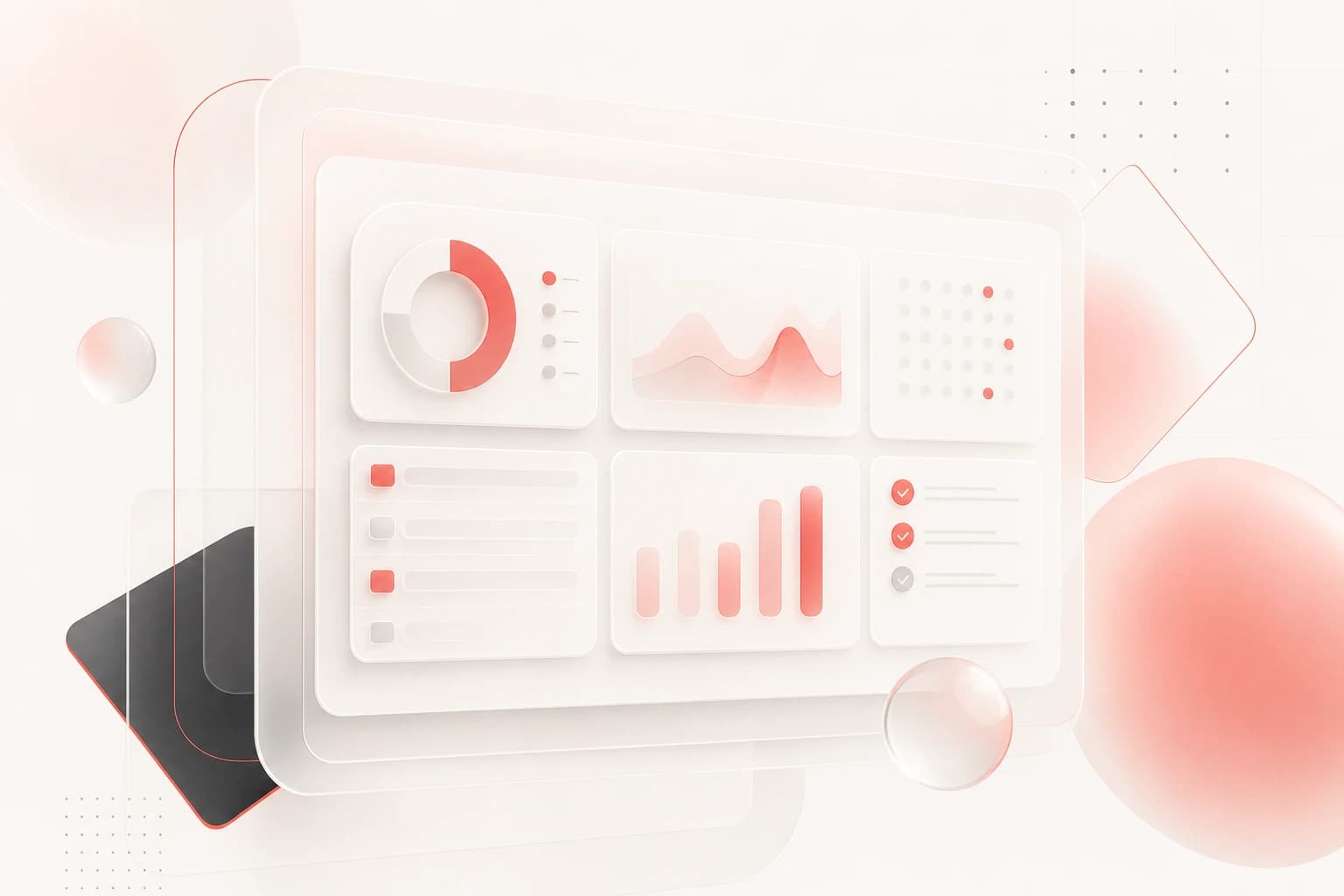 Abstract dashboard KPI dictionary concept with soft geometric shapes and red accents