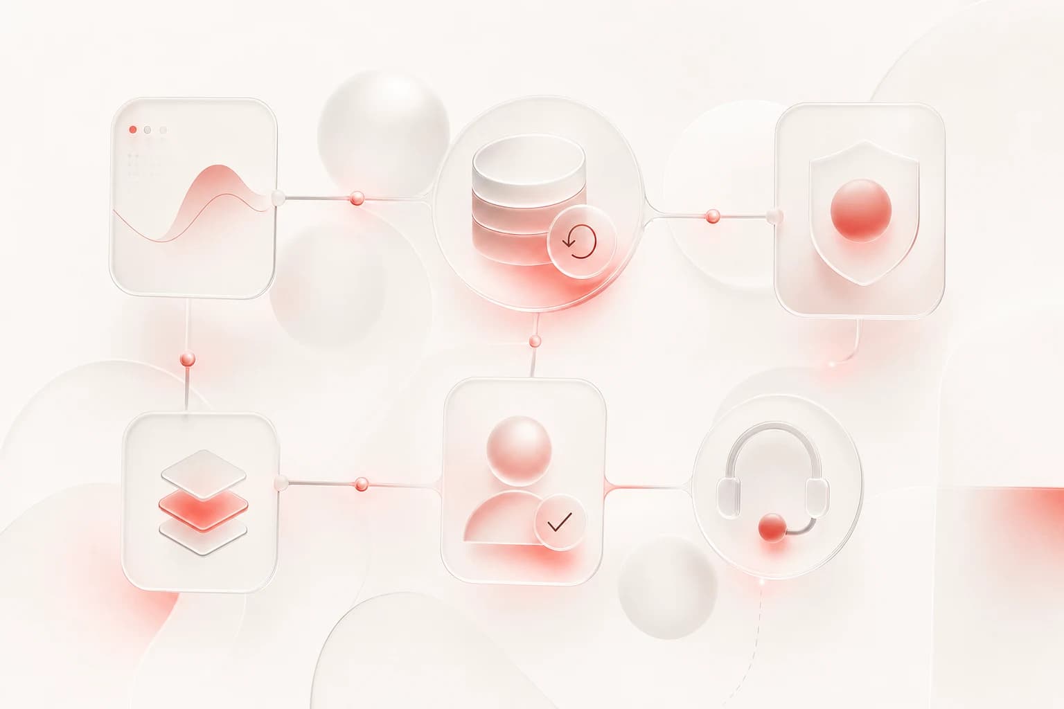 Abstract post-launch support concept with warm off-white background, red accents, and soft geometric glass shapes representing monitoring,