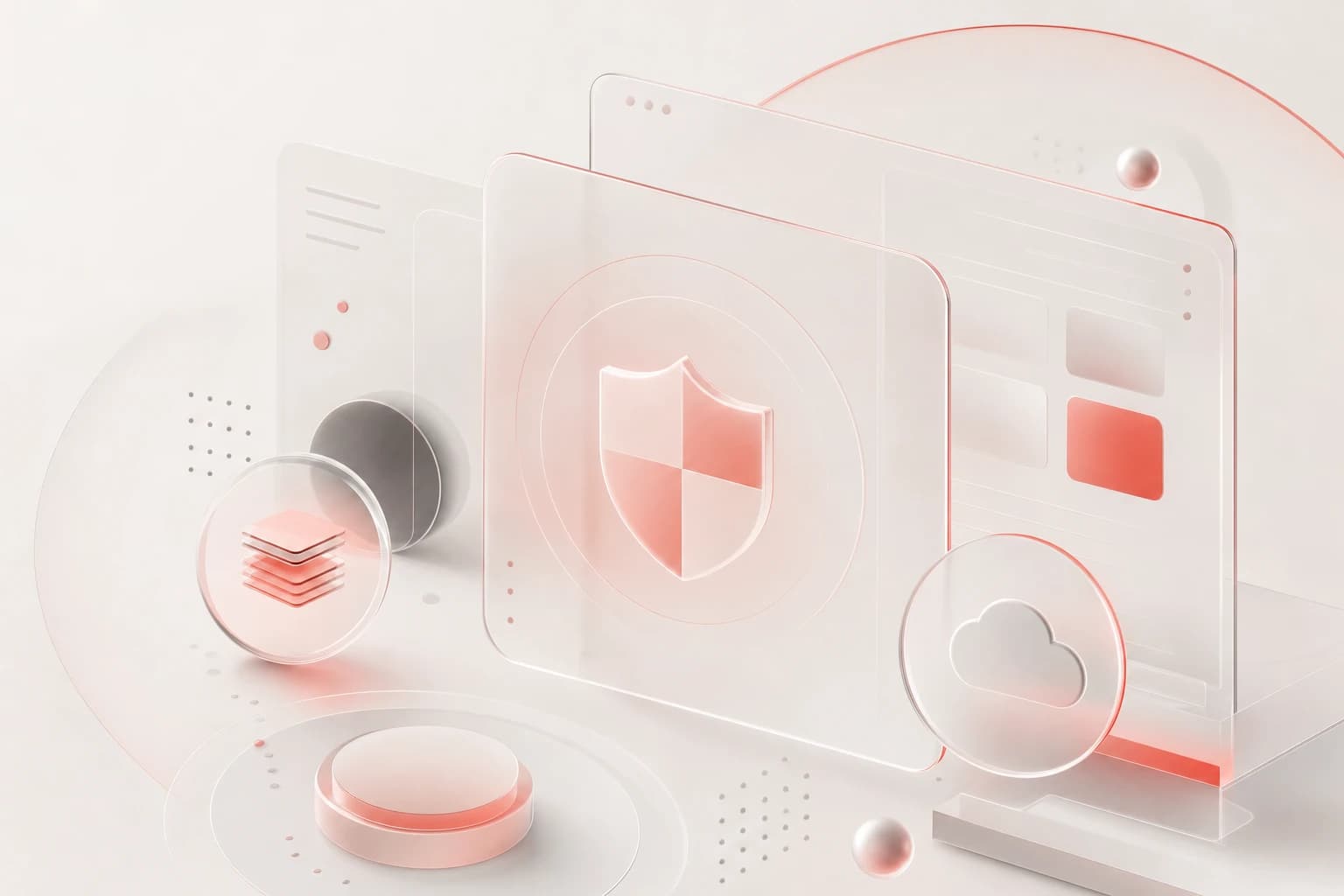 Abstract cybersecurity readiness concept with warm off-white background, red accents, and soft geometric glass shapes.