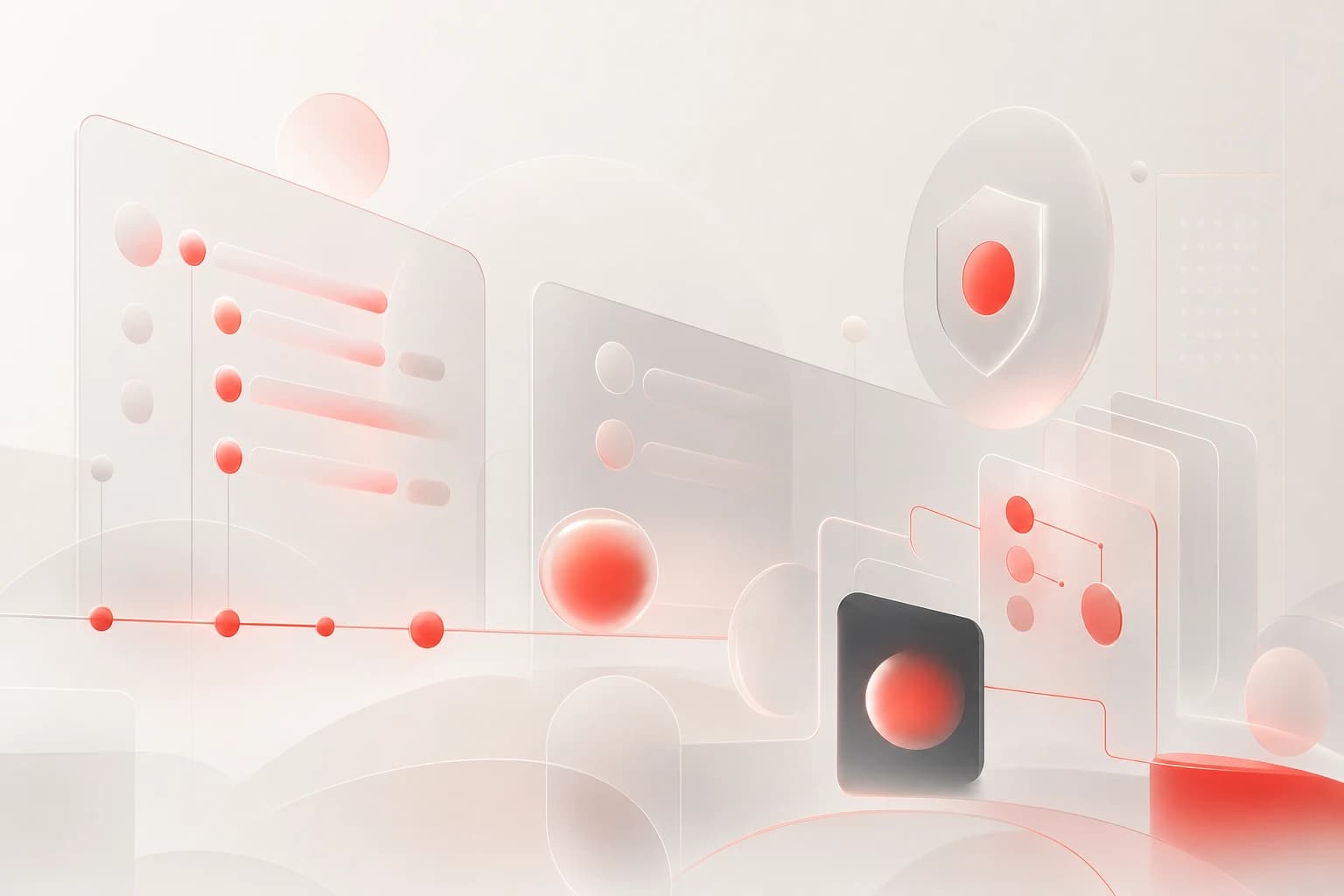 Abstract audit log and system activity concept with red accents and glass geometric shapes